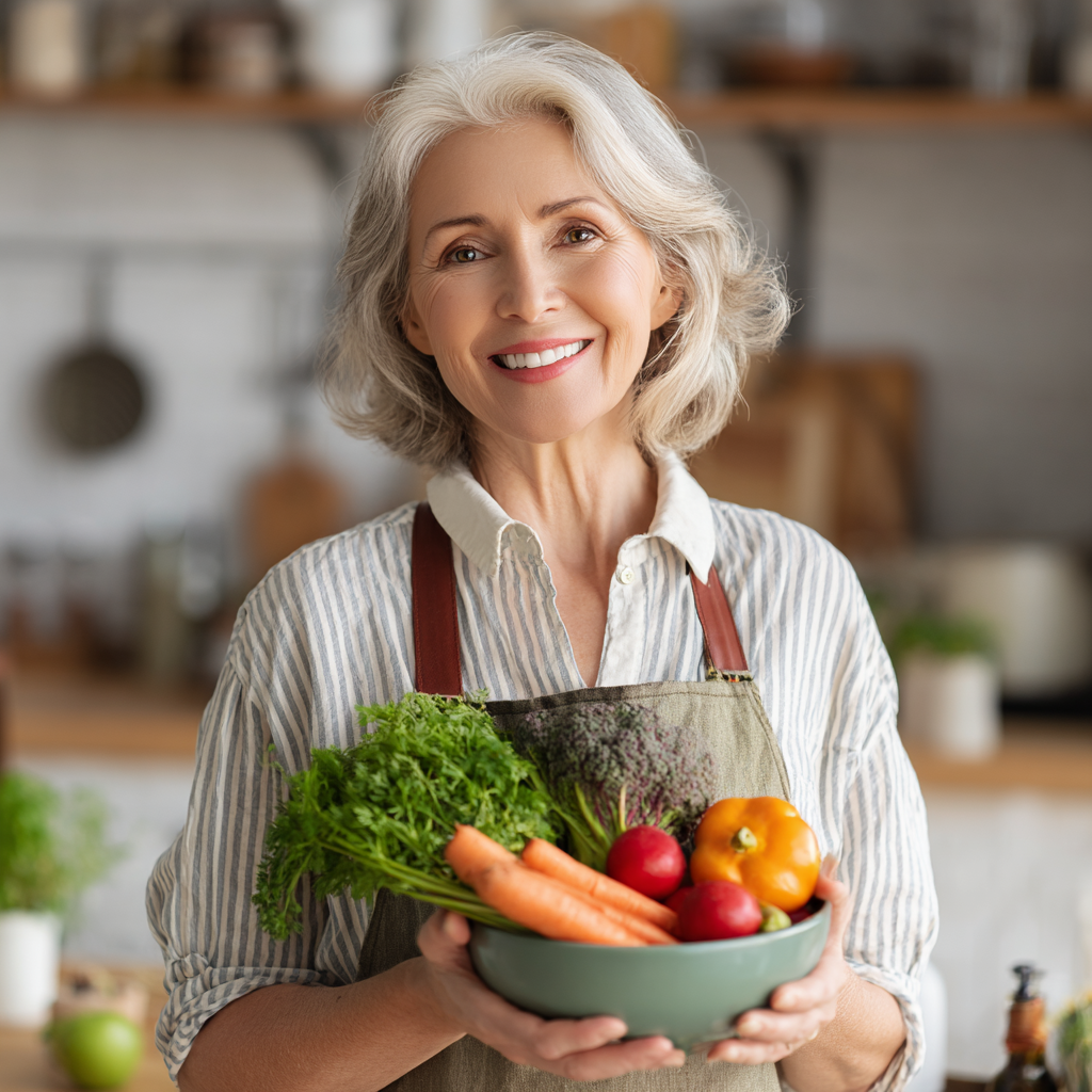Elderly Ukrainian couple preparing healthy heart-friendly meals together in a bright kitchen, both smiling and looking active